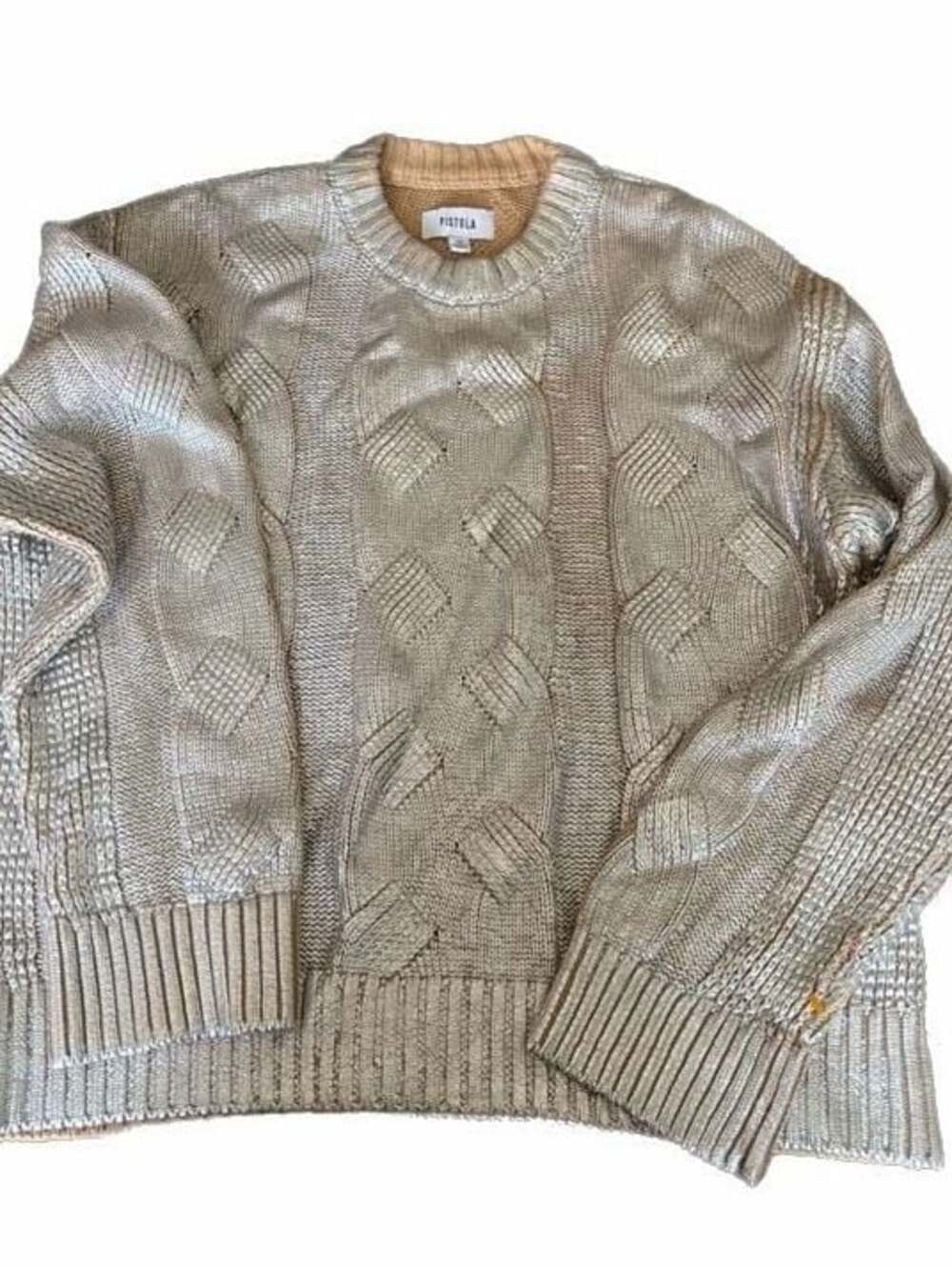 PISTOLA Everly Foil Accent Metallic Cotton Cable Knit Sweater in Gilded Castle